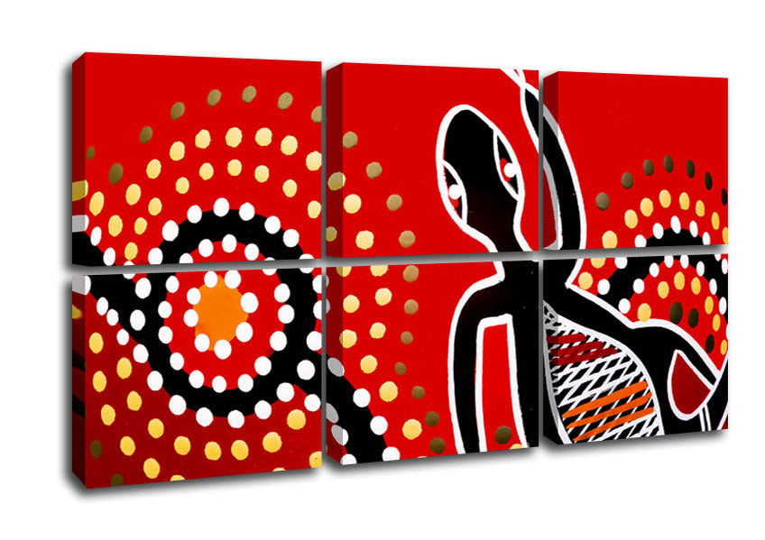 Aboriginal Red Gecko Sun canvas art mounted on a 44mm box frame, showcasing vibrant colors and intricate design.